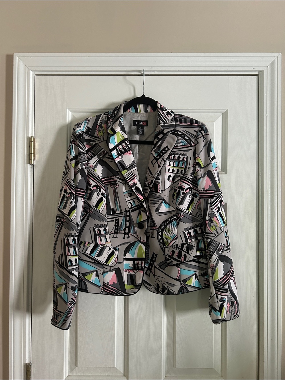Abstract Printed‎ Gray Single-Breasted Blazer Med